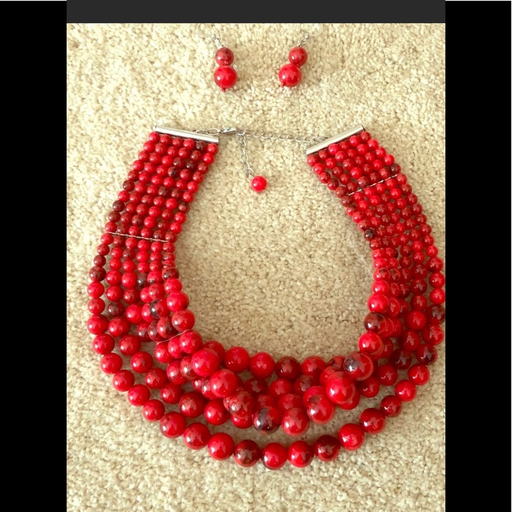 Evereve red beaded necklace, w/ earrings